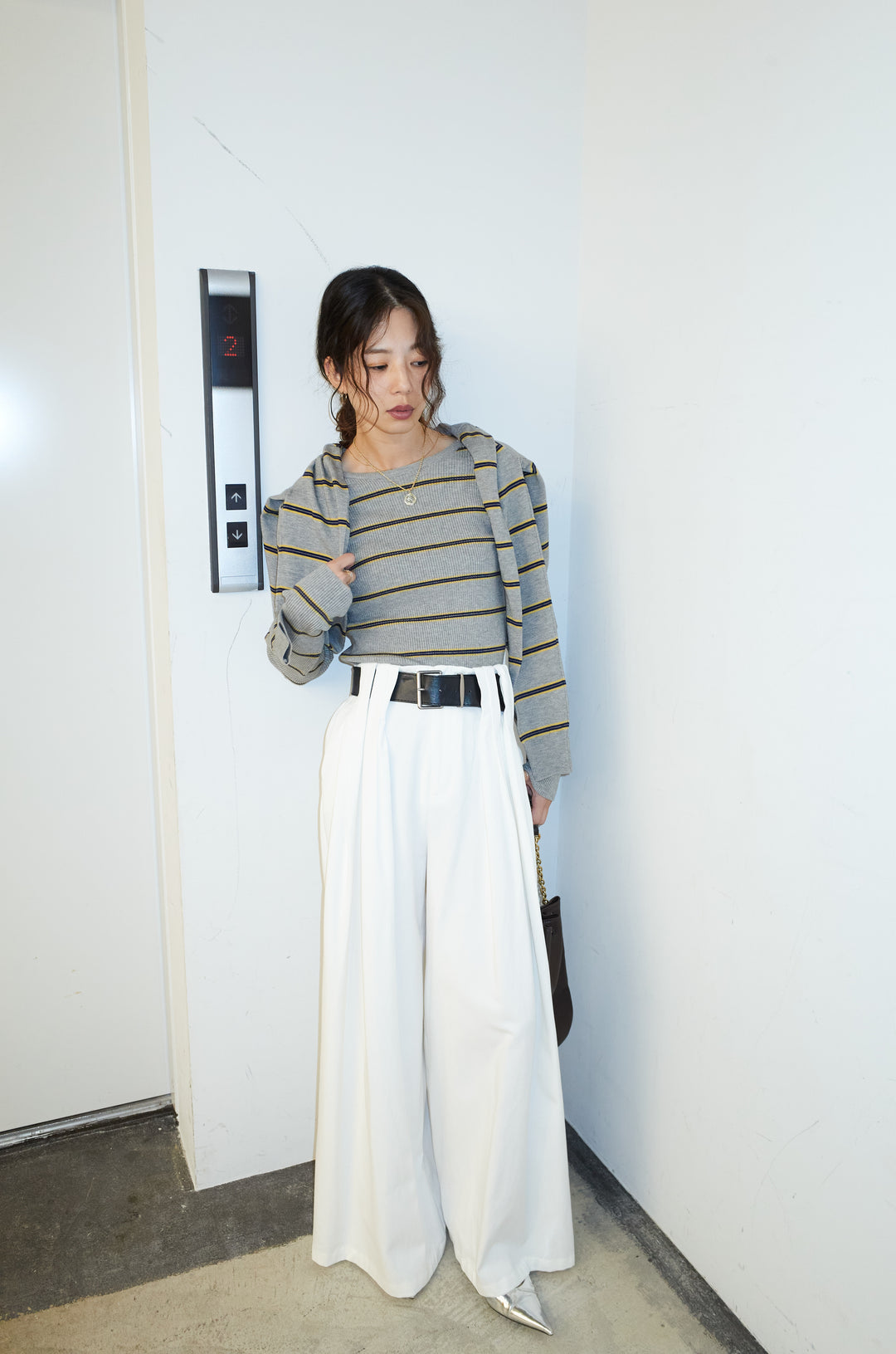 [予約/SET]ボーダーバックオープン2wayPO+ボーダーカーディガン+フェイクレザー太ベルト付きタックデザインパンツ(3set)