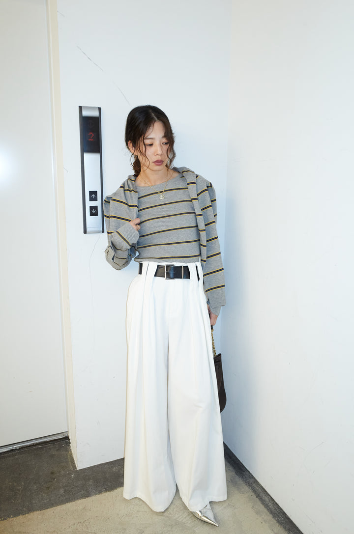 [予約/SET]ボーダーバックオープン2wayPO+ボーダーカーディガン+フェイクレザー太ベルト付きタックデザインパンツ(3set)