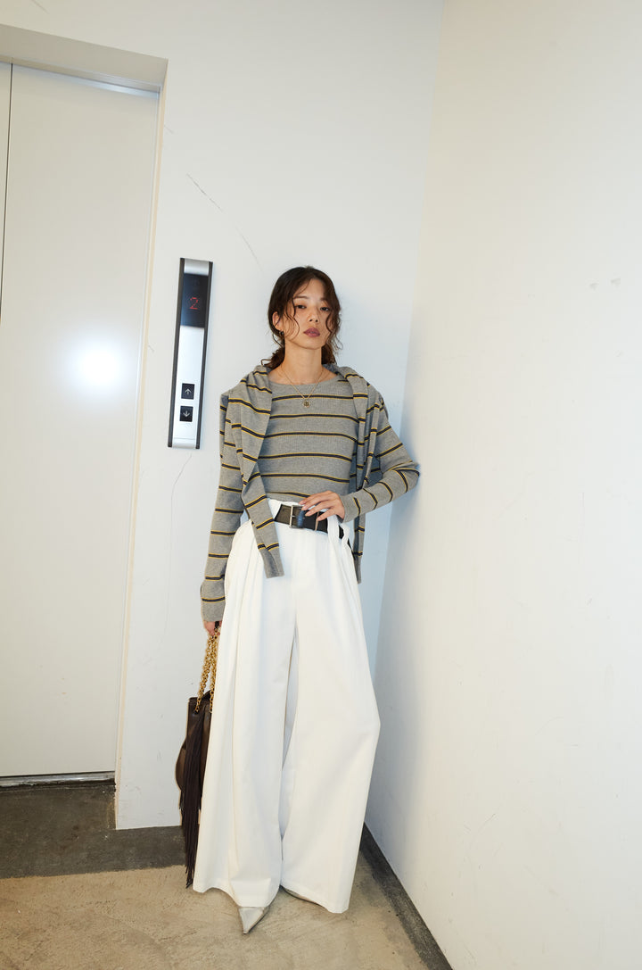 [予約/SET]ボーダーバックオープン2wayPO+ボーダーカーディガン+フェイクレザー太ベルト付きタックデザインパンツ(3set)