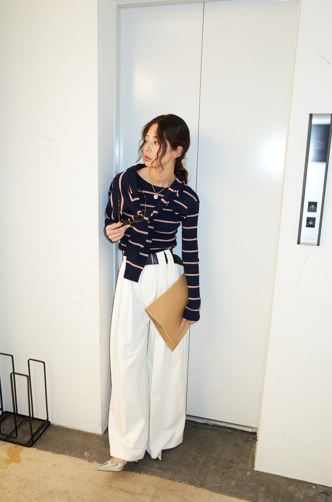 [予約/SET]ボーダーバックオープン2wayPO+ボーダーカーディガン+フェイクレザー太ベルト付きタックデザインパンツ(3set)