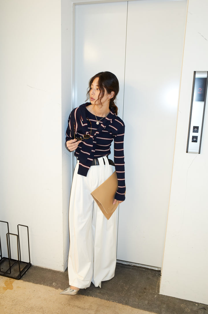 [予約/SET]ボーダーバックオープン2wayPO+ボーダーカーディガン+フェイクレザー太ベルト付きタックデザインパンツ(3set)