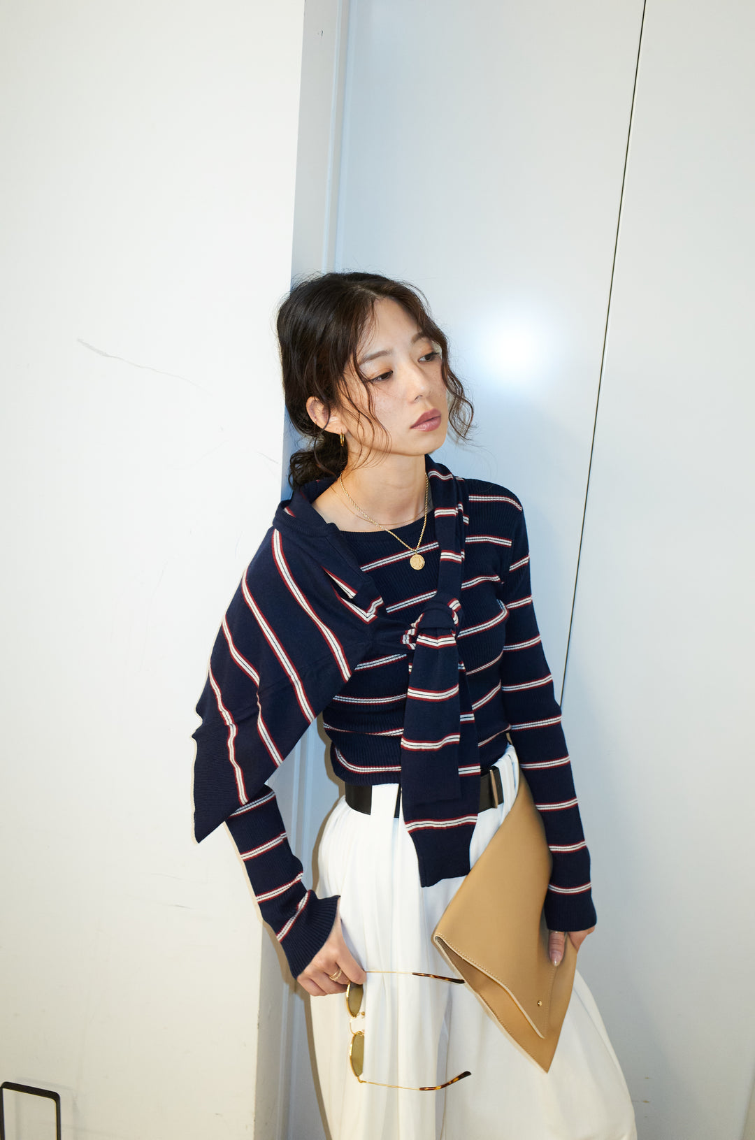 [予約/SET]ボーダーバックオープン2wayPO+ボーダーカーディガン+フェイクレザー太ベルト付きタックデザインパンツ(3set)