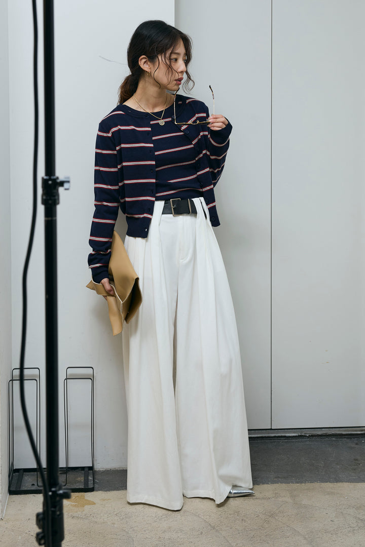 [予約/SET]ボーダーバックオープン2wayPO+ボーダーカーディガン+フェイクレザー太ベルト付きタックデザインパンツ(3set)