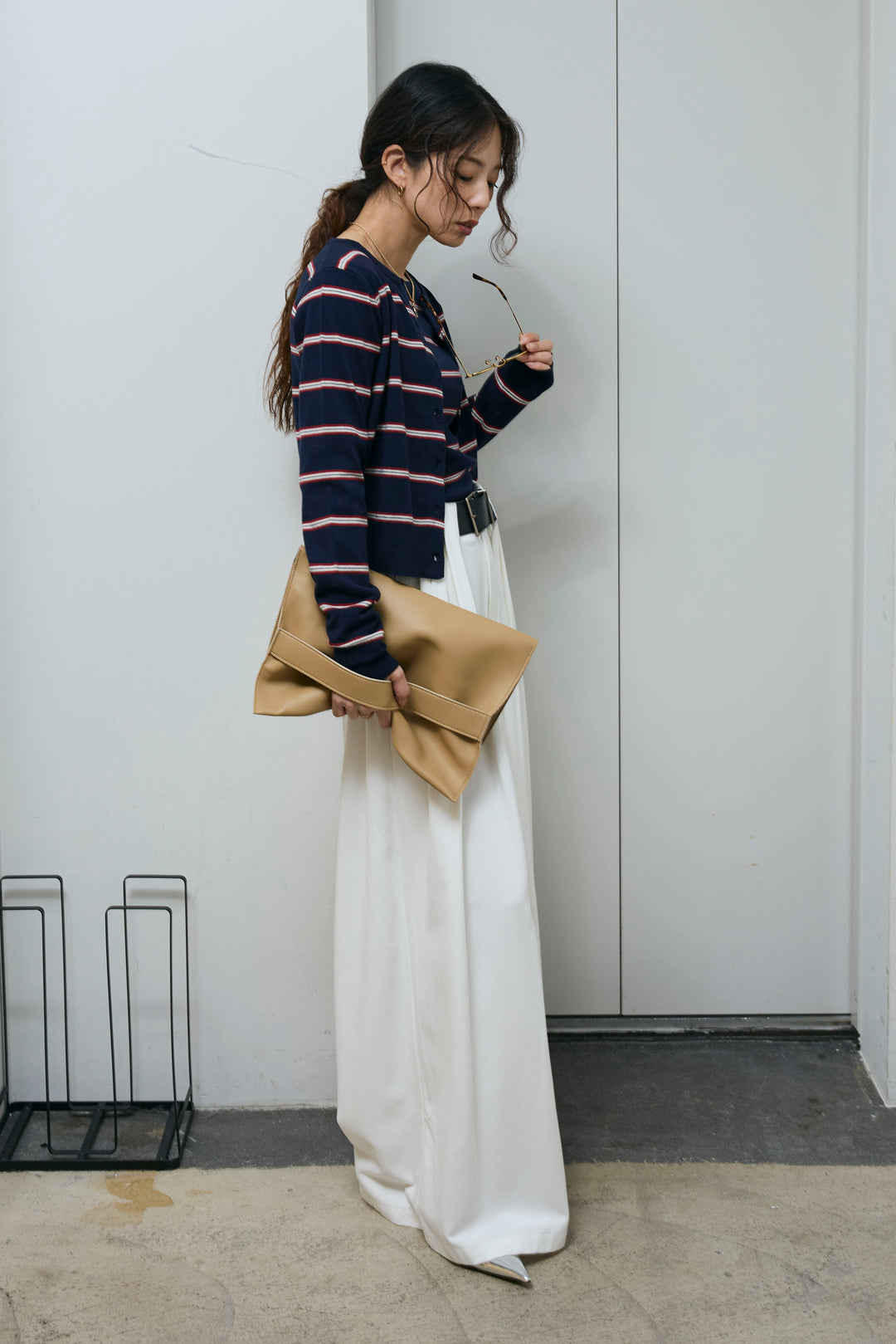 [予約/SET]ボーダーバックオープン2wayPO+ボーダーカーディガン+フェイクレザー太ベルト付きタックデザインパンツ(3set)