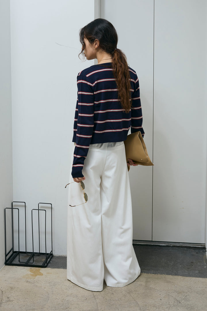 [予約/SET]ボーダーバックオープン2wayPO+ボーダーカーディガン+フェイクレザー太ベルト付きタックデザインパンツ(3set)