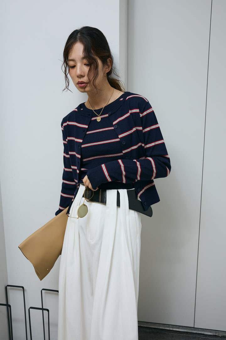 [予約/SET]ボーダーバックオープン2wayPO+ボーダーカーディガン+フェイクレザー太ベルト付きタックデザインパンツ(3set)