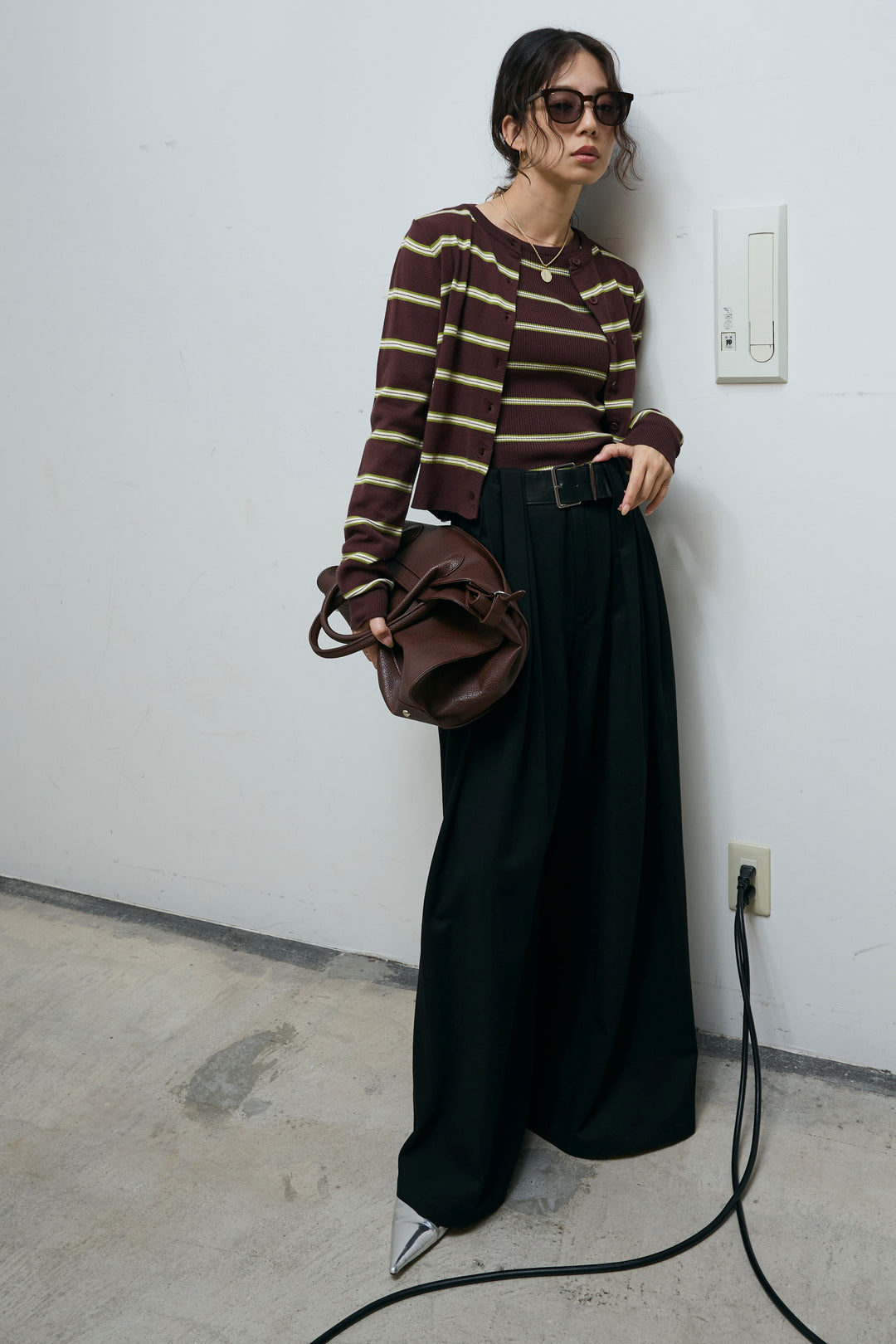 [予約/SET]ボーダーバックオープン2wayPO+ボーダーカーディガン+フェイクレザー太ベルト付きタックデザインパンツ(3set)