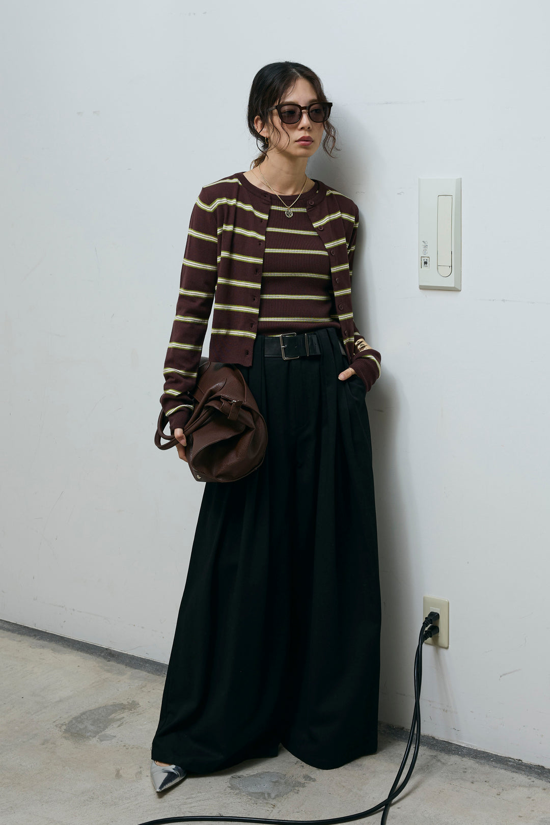 [予約/SET]ボーダーバックオープン2wayPO+ボーダーカーディガン+フェイクレザー太ベルト付きタックデザインパンツ(3set)