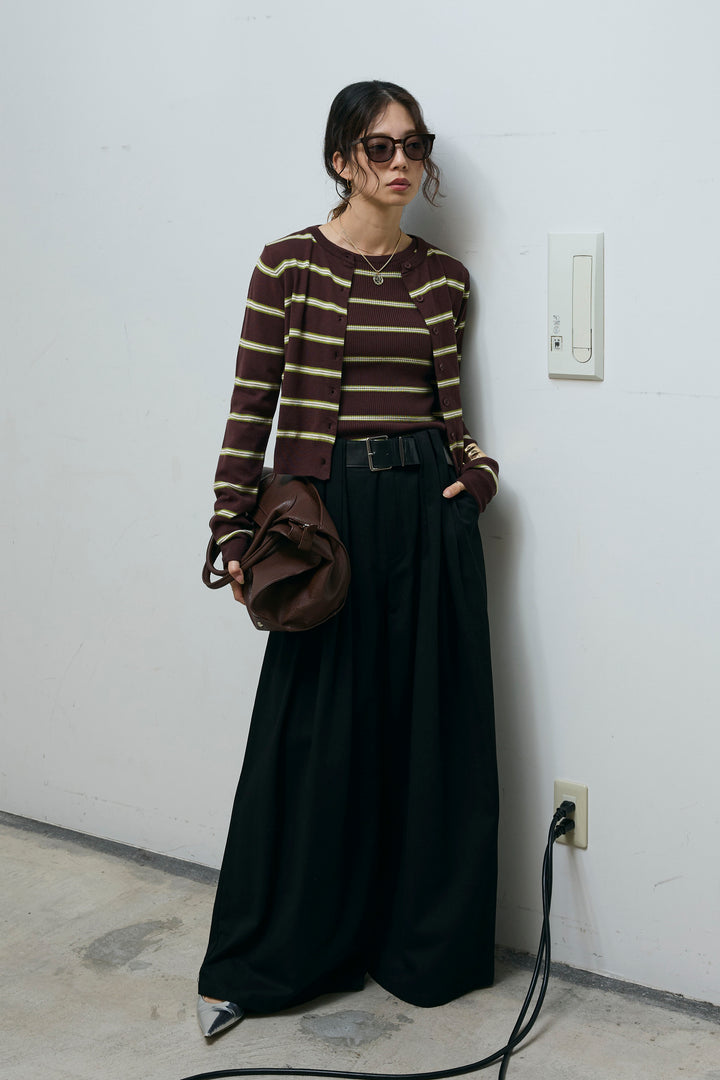 [予約/SET]ボーダーバックオープン2wayPO+ボーダーカーディガン+フェイクレザー太ベルト付きタックデザインパンツ(3set)