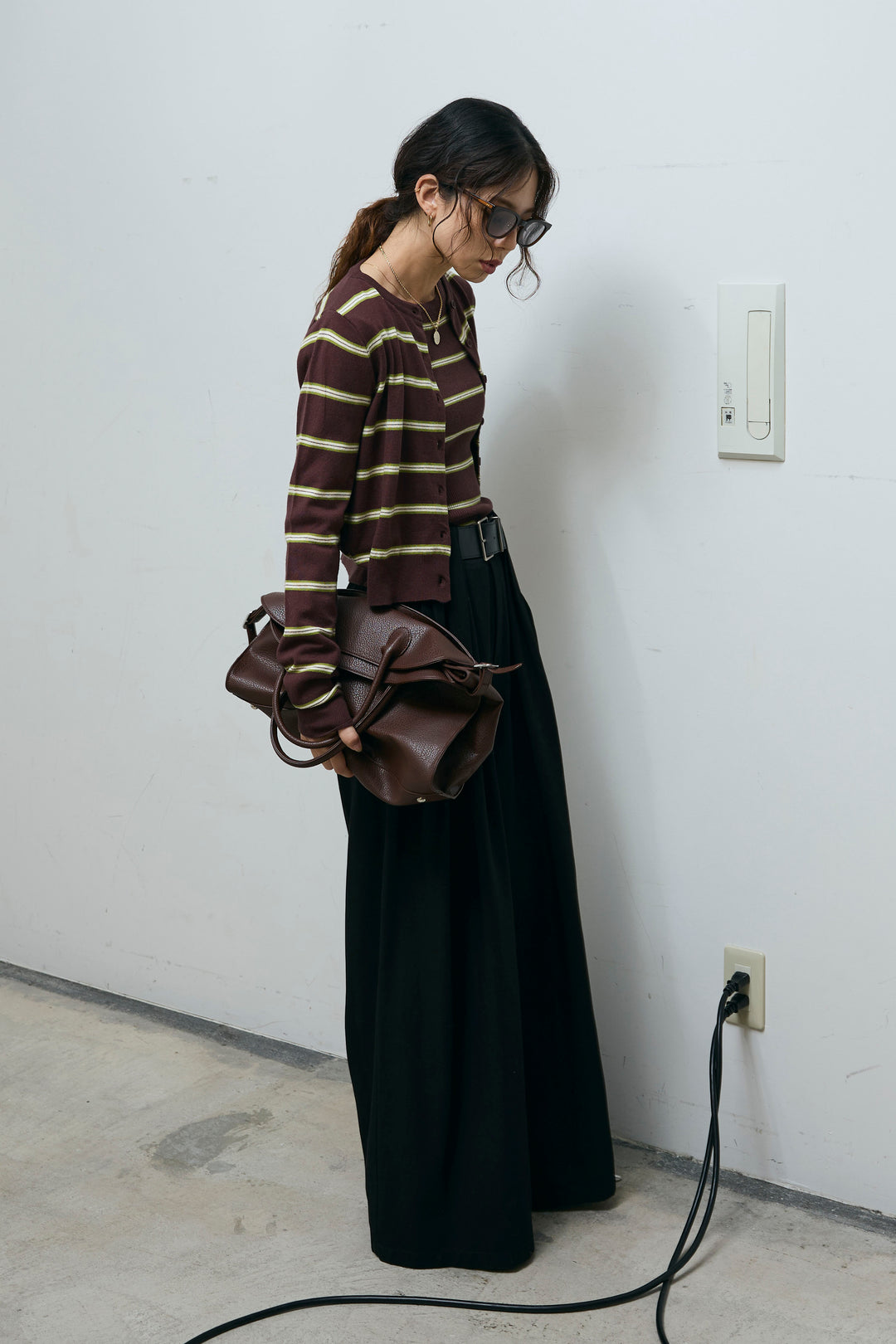 [予約/SET]ボーダーバックオープン2wayPO+ボーダーカーディガン+フェイクレザー太ベルト付きタックデザインパンツ(3set)