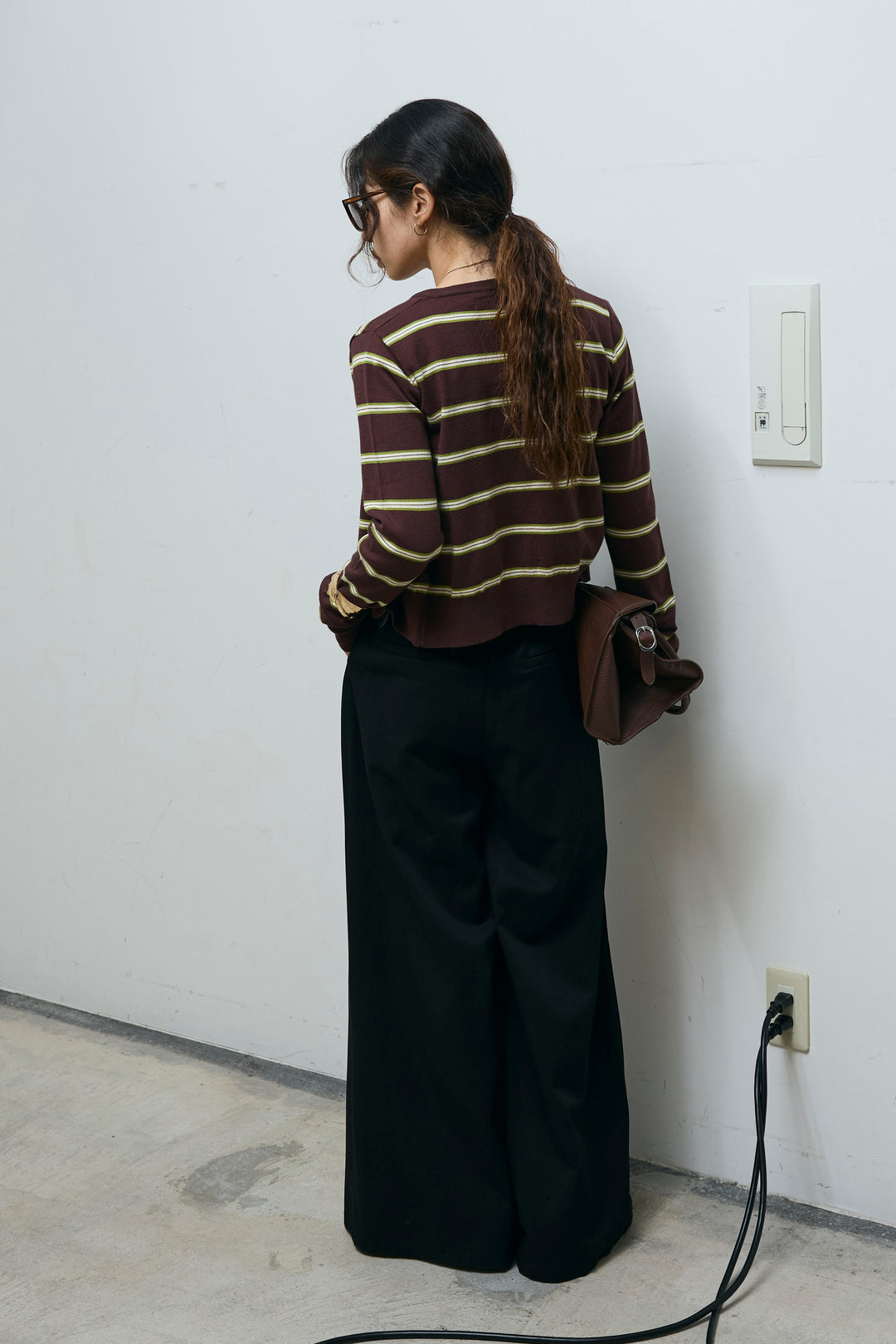 [予約/SET]ボーダーバックオープン2wayPO+ボーダーカーディガン+フェイクレザー太ベルト付きタックデザインパンツ(3set)