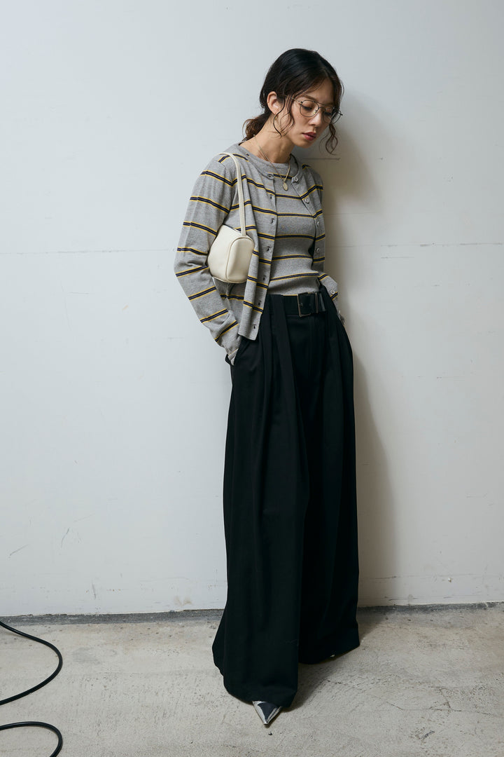 [予約/SET]ボーダーバックオープン2wayPO+ボーダーカーディガン+フェイクレザー太ベルト付きタックデザインパンツ(3set)