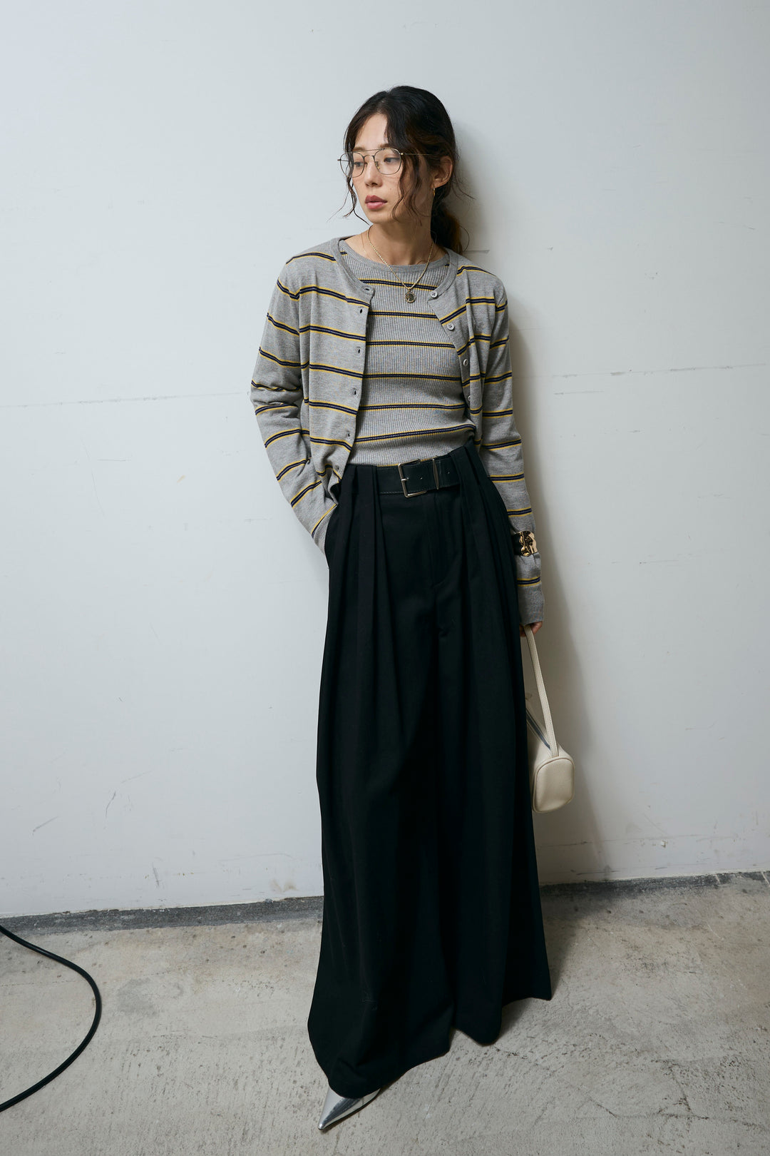 [予約/SET]ボーダーバックオープン2wayPO+ボーダーカーディガン+フェイクレザー太ベルト付きタックデザインパンツ(3set)