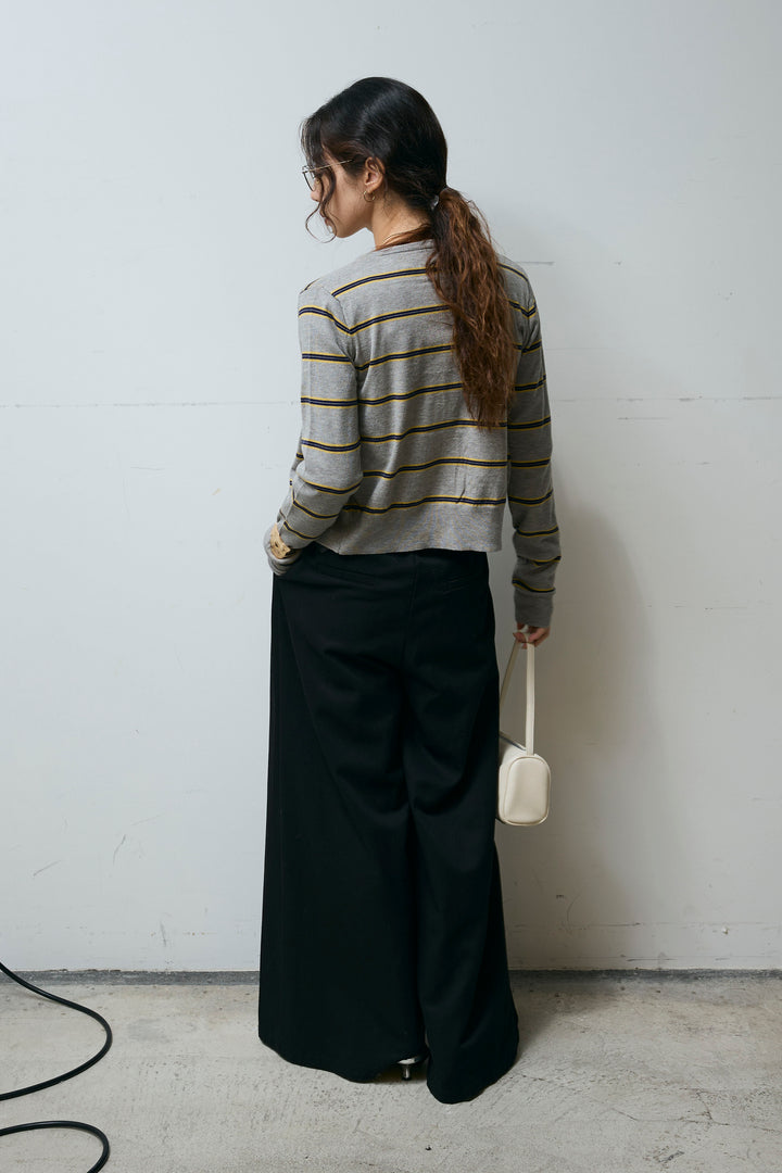 [予約/SET]ボーダーバックオープン2wayPO+ボーダーカーディガン+フェイクレザー太ベルト付きタックデザインパンツ(3set)