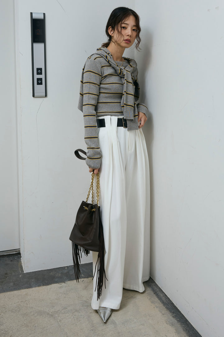 [予約/SET]ボーダーバックオープン2wayPO+ボーダーカーディガン+フェイクレザー太ベルト付きタックデザインパンツ(3set)