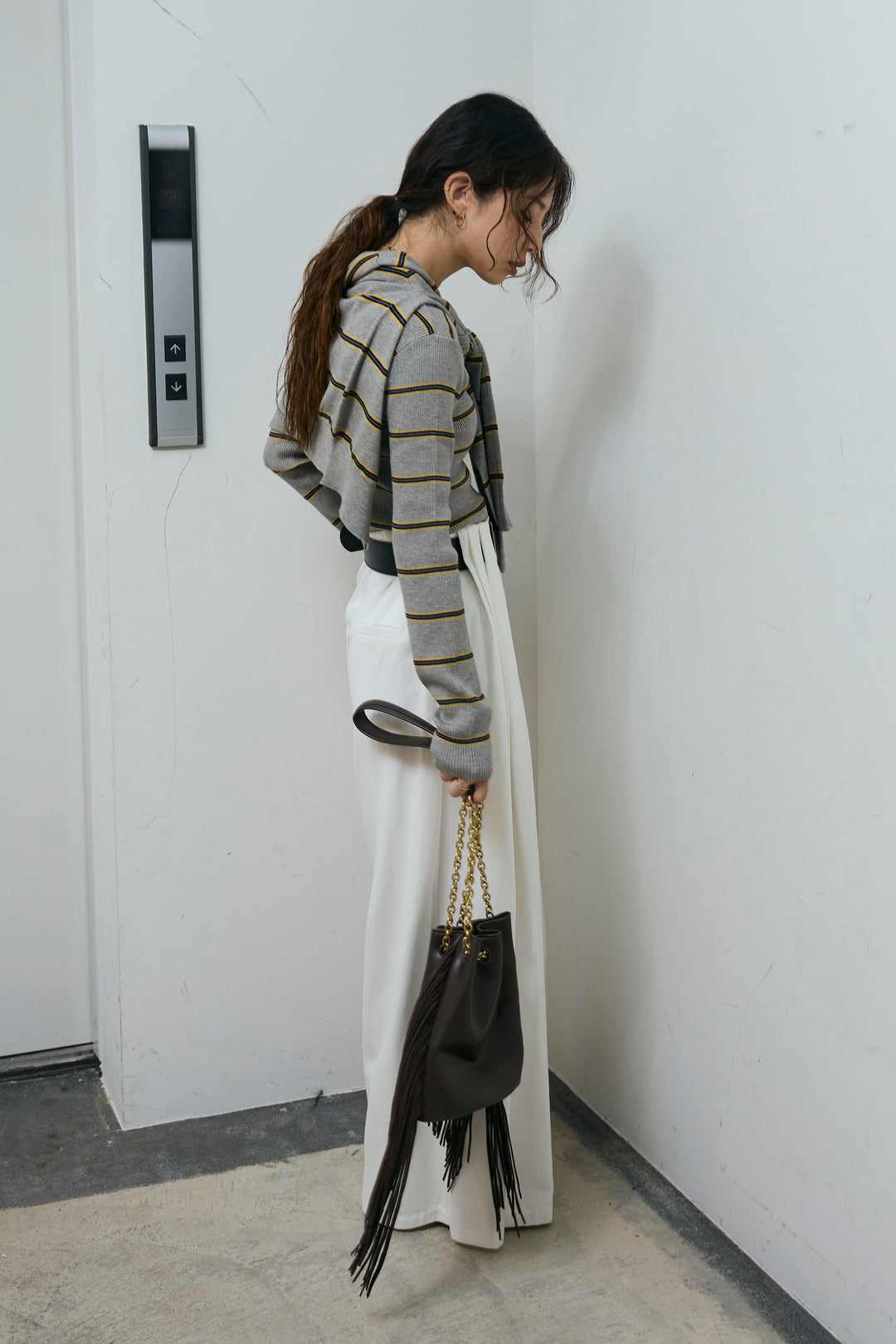 [予約/SET]ボーダーバックオープン2wayPO+ボーダーカーディガン+フェイクレザー太ベルト付きタックデザインパンツ(3set)