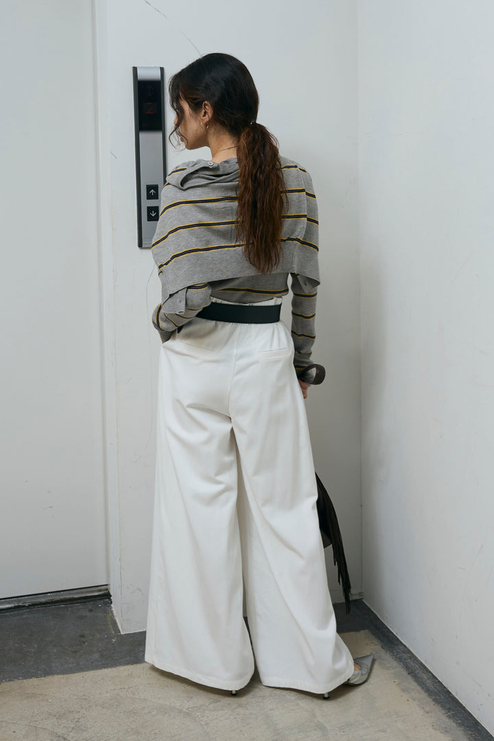 [予約/SET]ボーダーバックオープン2wayPO+ボーダーカーディガン+フェイクレザー太ベルト付きタックデザインパンツ(3set)