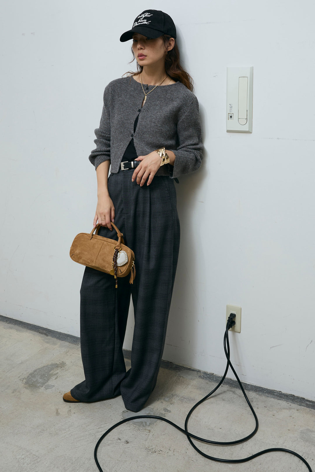 [予約/SET]コンパクトカーディガン+ベルト付きチェックタックワイドパンツ(2set)