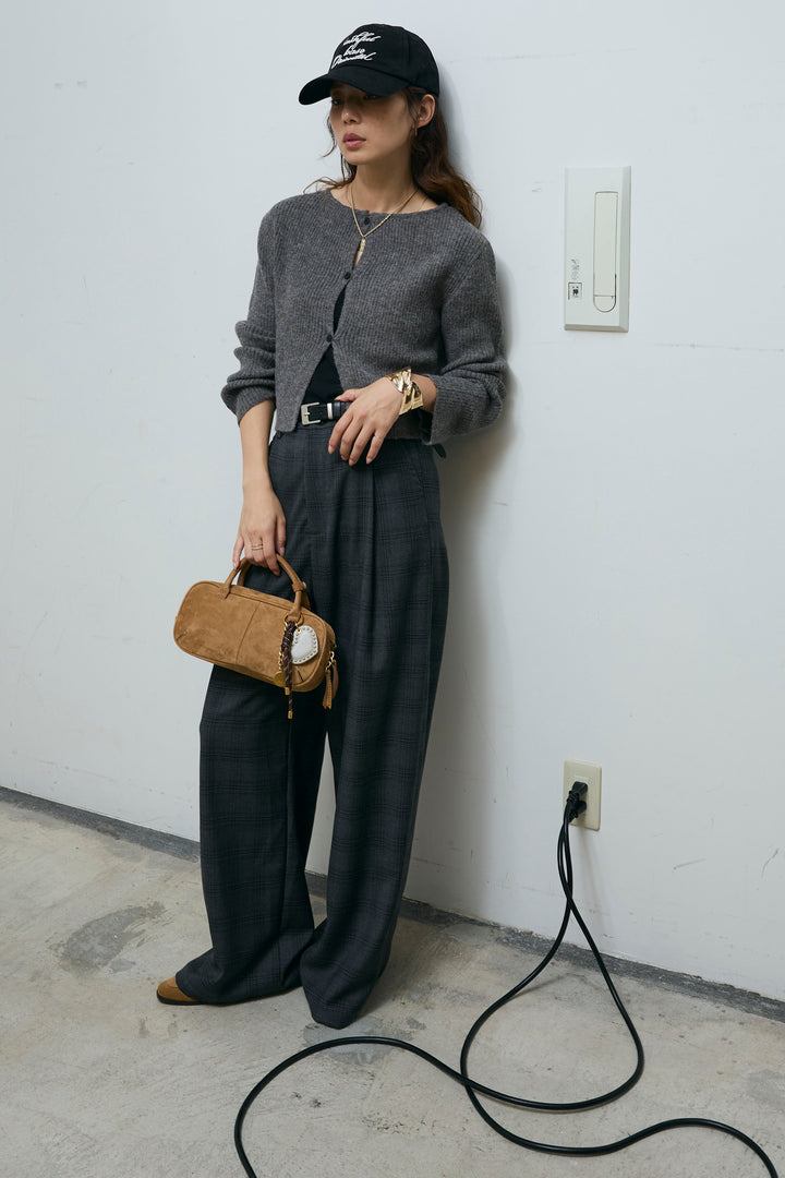[予約/SET]コンパクトカーディガン+ベルト付きチェックタックワイドパンツ(2set)
