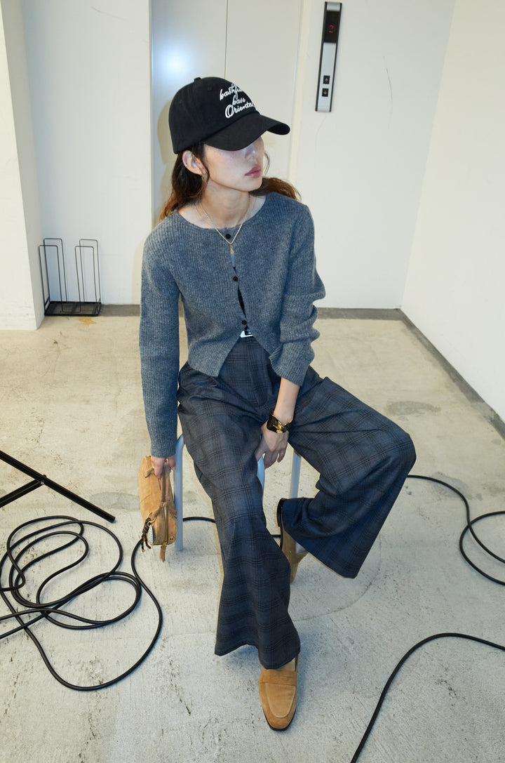 [予約/SET]コンパクトカーディガン+ベルト付きチェックタックワイドパンツ(2set)