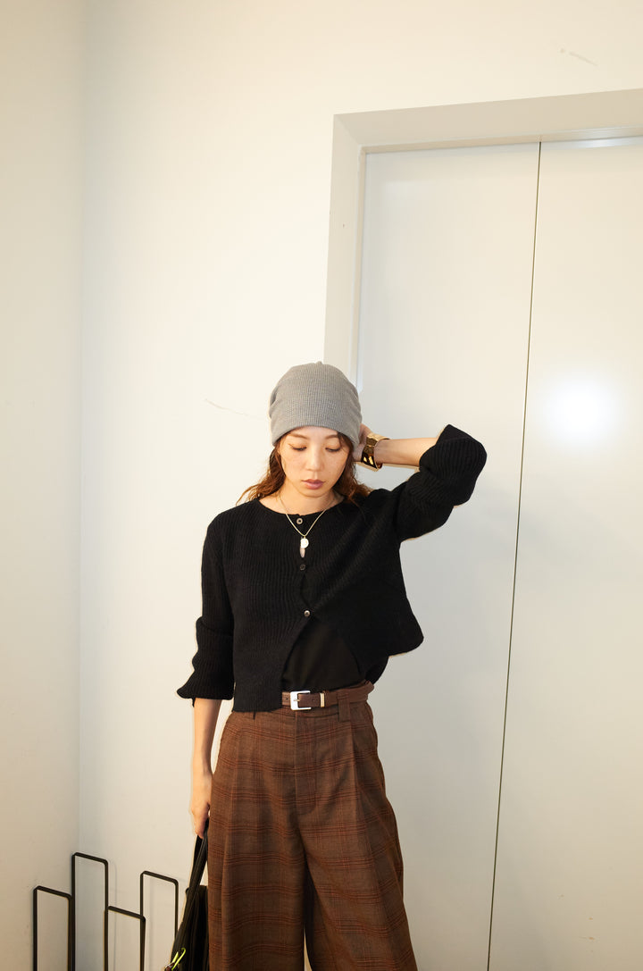 [予約/SET]コンパクトカーディガン+ベルト付きチェックタックワイドパンツ(2set)