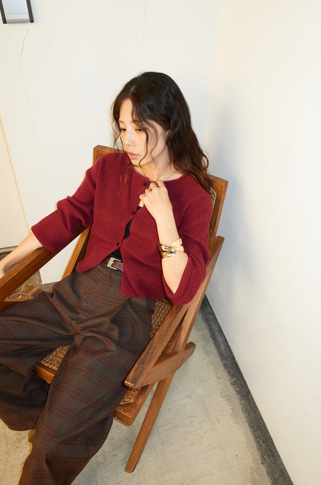 [予約/SET]コンパクトカーディガン+ベルト付きチェックタックワイドパンツ(2set)