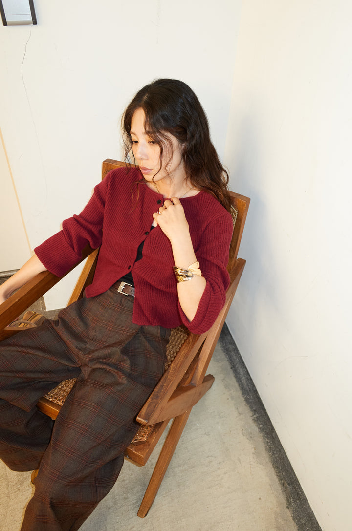 [予約/SET]コンパクトカーディガン+ベルト付きチェックタックワイドパンツ(2set)