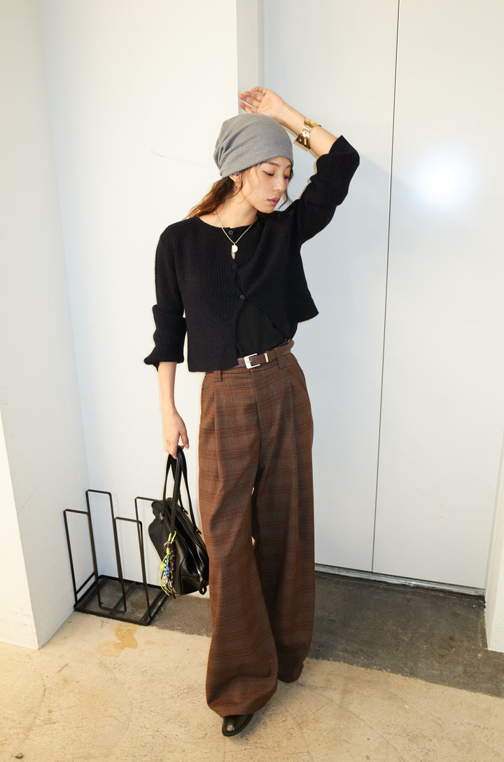 [予約/SET]コンパクトカーディガン+ベルト付きチェックタックワイドパンツ(2set)