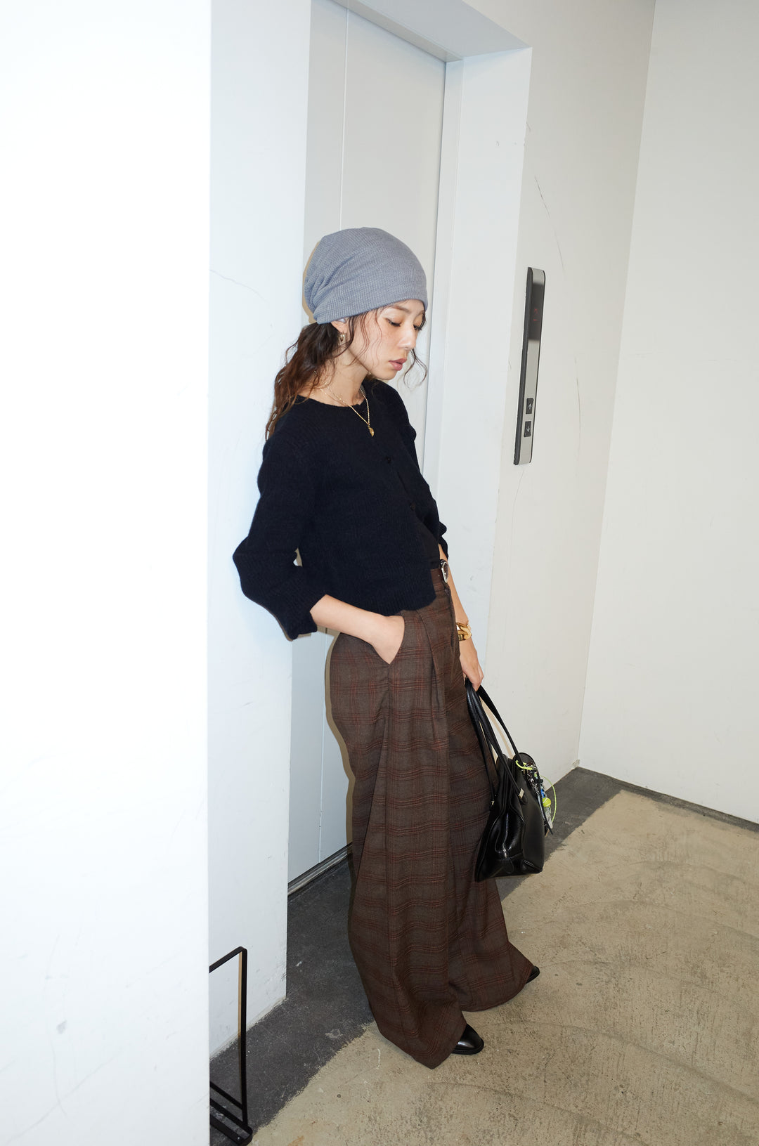 [予約/SET]コンパクトカーディガン+ベルト付きチェックタックワイドパンツ(2set)