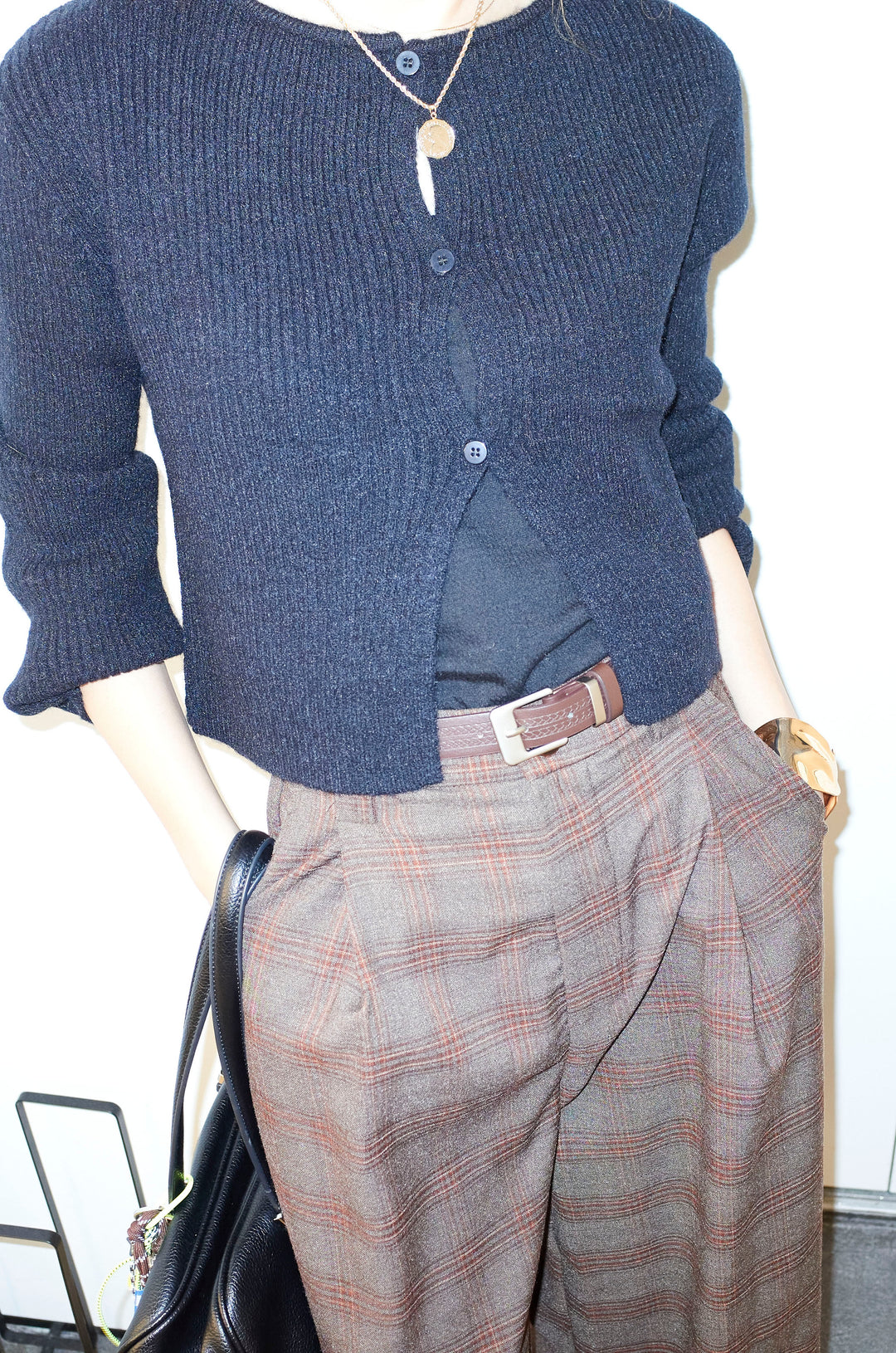 [予約/SET]コンパクトカーディガン+ベルト付きチェックタックワイドパンツ(2set)