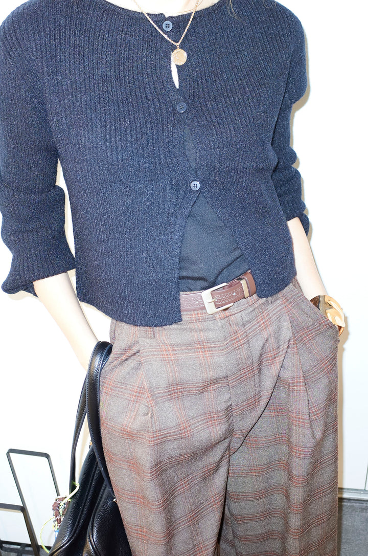 [予約/SET]コンパクトカーディガン+ベルト付きチェックタックワイドパンツ(2set)