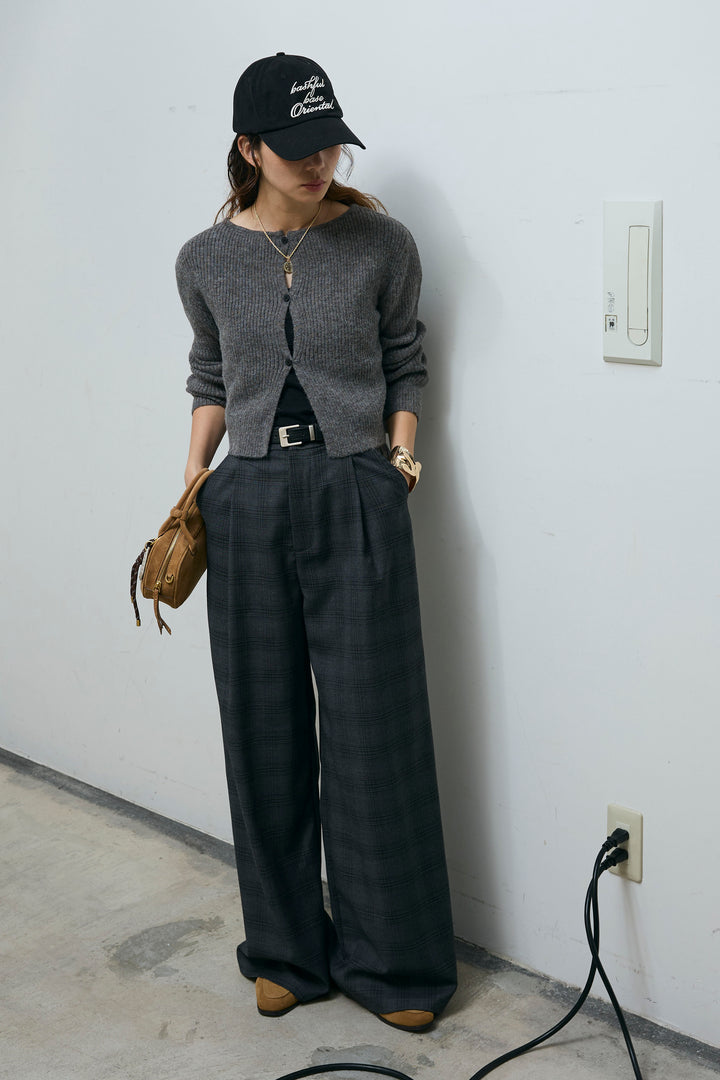 [予約/SET]コンパクトカーディガン+ベルト付きチェックタックワイドパンツ(2set)
