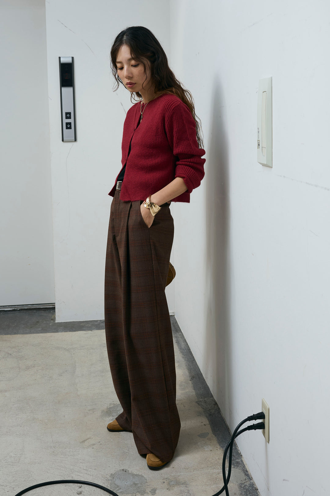 [予約/SET]コンパクトカーディガン+ベルト付きチェックタックワイドパンツ(2set)