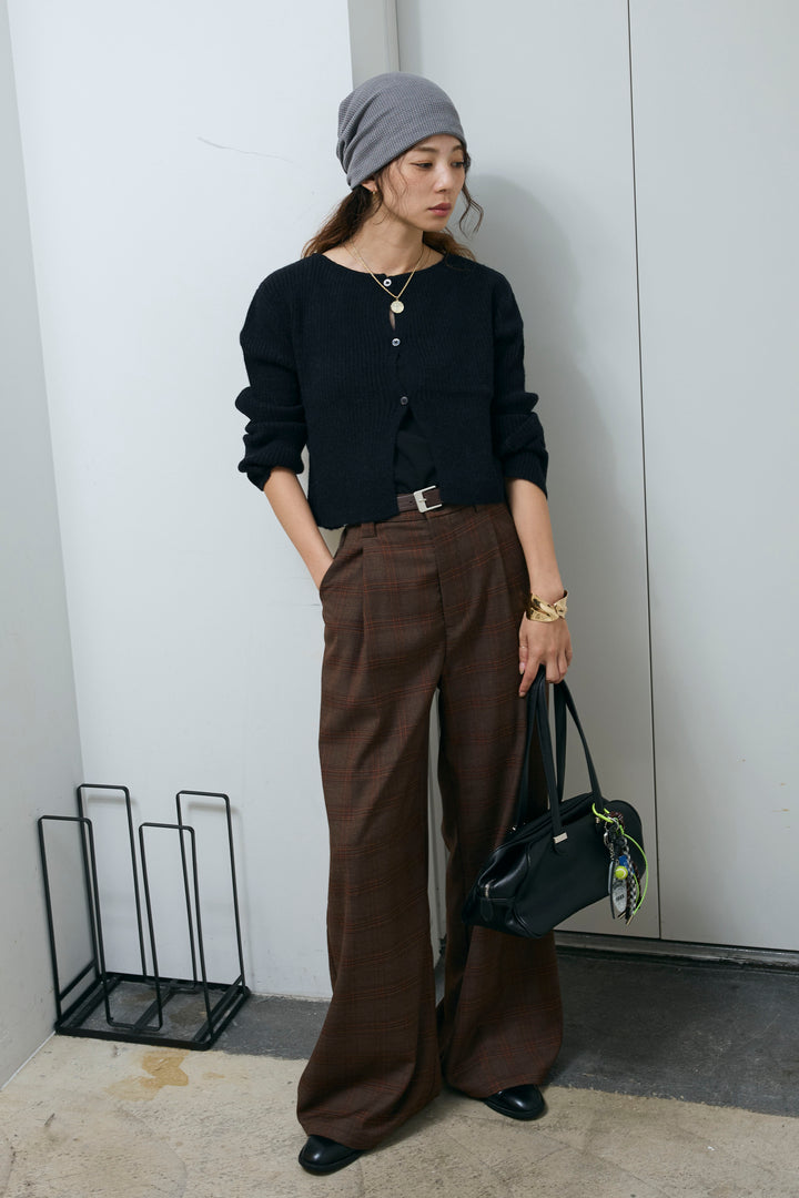 [予約/SET]コンパクトカーディガン+ベルト付きチェックタックワイドパンツ(2set)