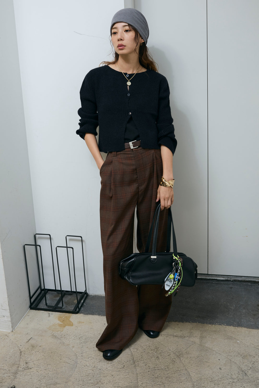 [予約/SET]コンパクトカーディガン+ベルト付きチェックタックワイドパンツ(2set)