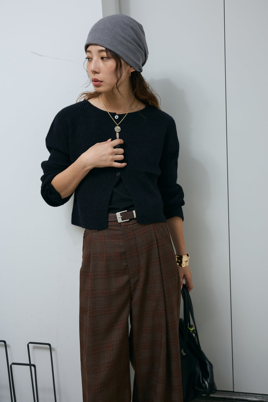 [予約/SET]コンパクトカーディガン+ベルト付きチェックタックワイドパンツ(2set)