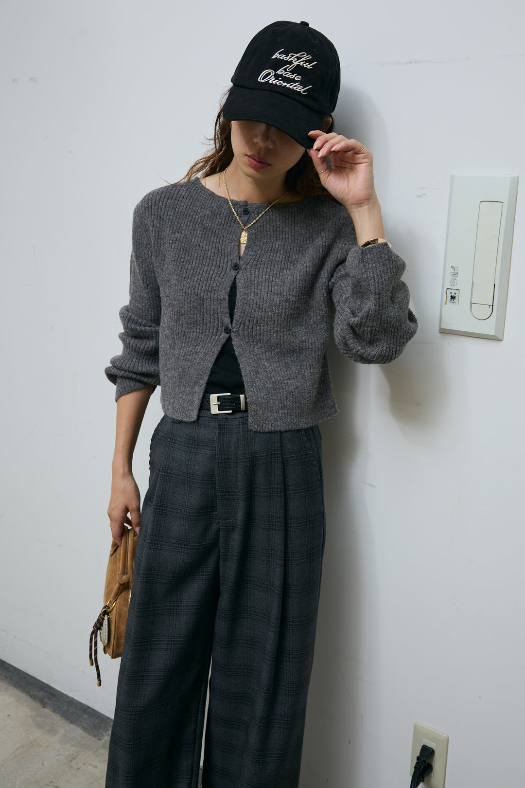 [予約/SET]コンパクトカーディガン+ベルト付きチェックタックワイドパンツ(2set)