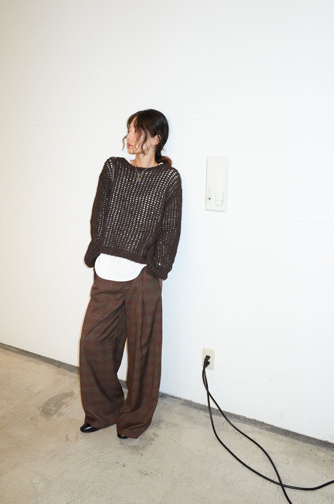 [予約/SET]レイヤードネットニットセット+ベルト付きチェックタックワイドパンツ(2set)