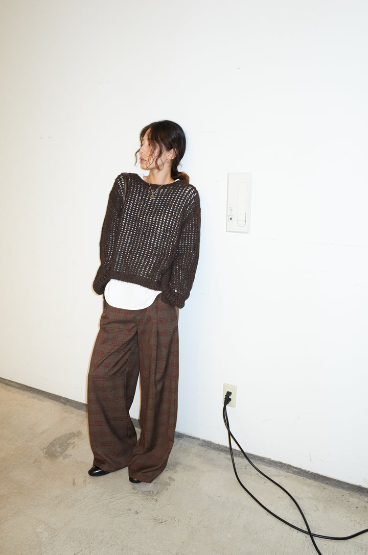 [予約/SET]レイヤードネットニットセット+ベルト付きチェックタックワイドパンツ(2set)