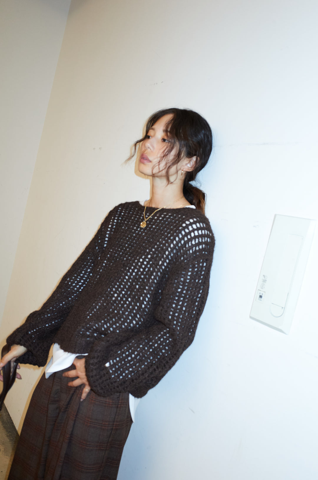 [予約/SET]レイヤードネットニットセット+ベルト付きチェックタックワイドパンツ(2set)