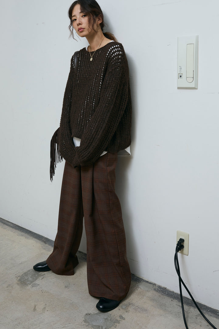 [予約/SET]レイヤードネットニットセット+ベルト付きチェックタックワイドパンツ(2set)