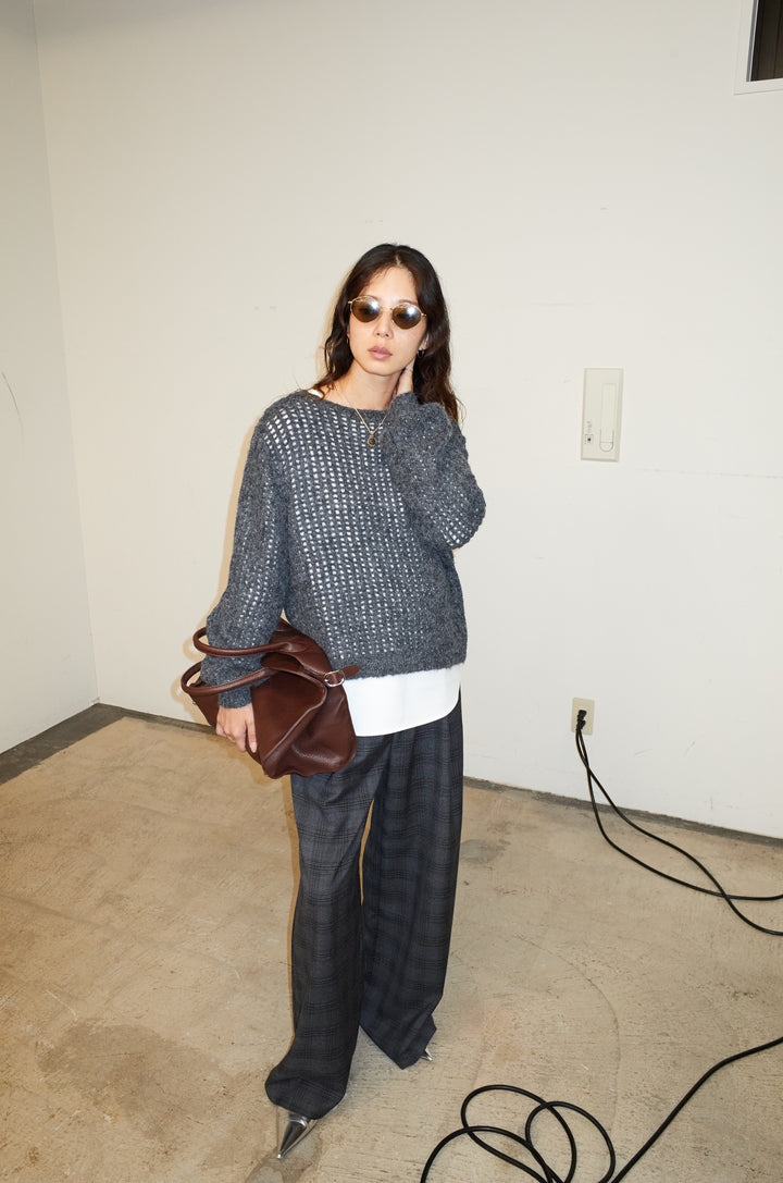 [予約/SET]レイヤードネットニットセット+ベルト付きチェックタックワイドパンツ(2set)