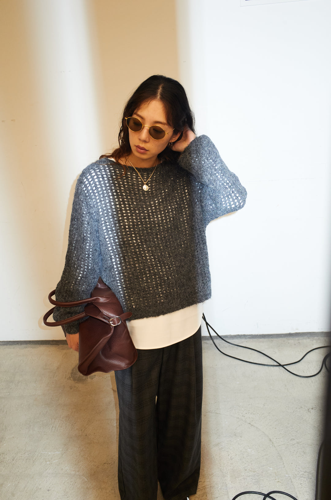 [予約/SET]レイヤードネットニットセット+ベルト付きチェックタックワイドパンツ(2set)