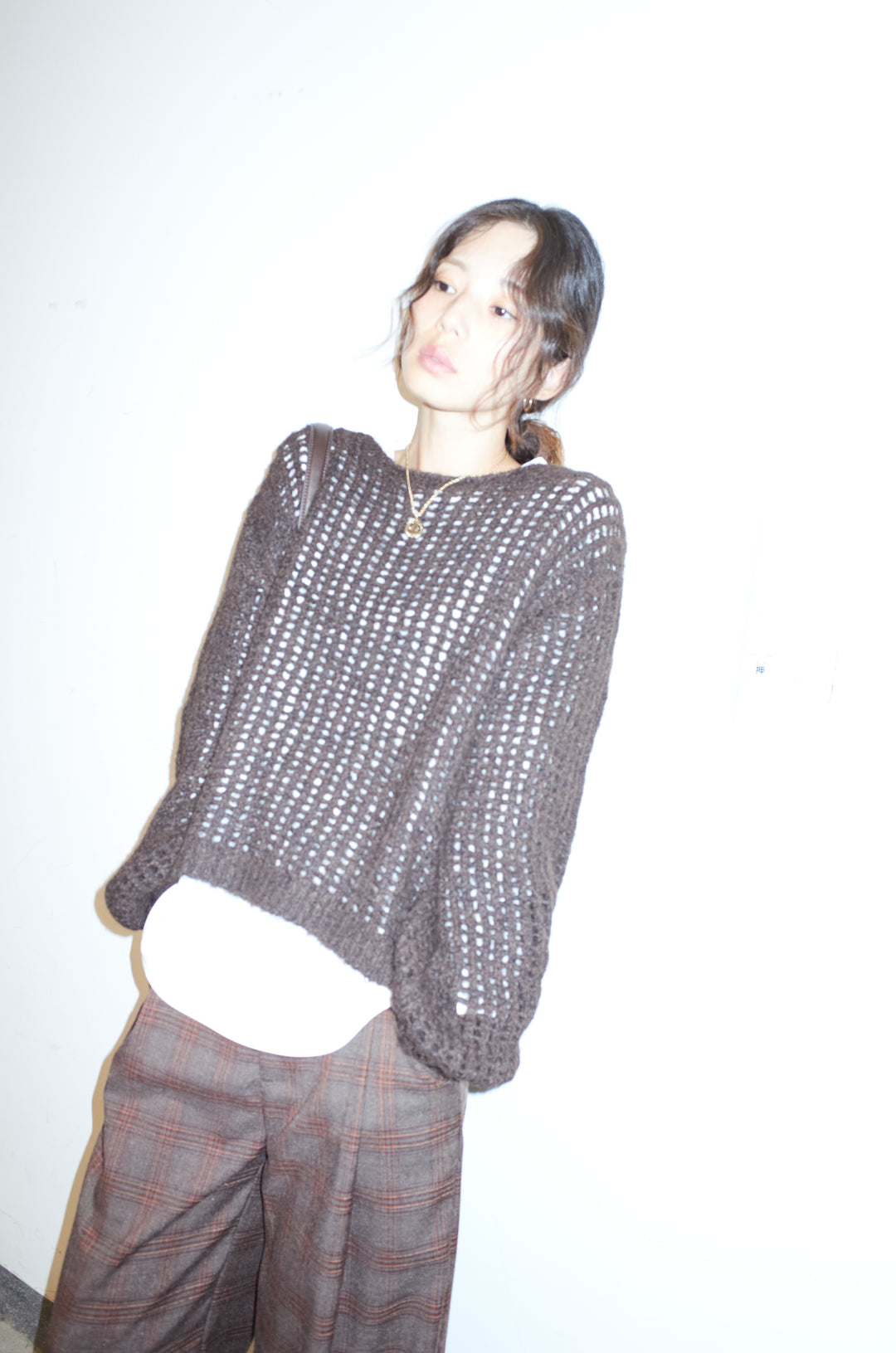 [予約/SET]レイヤードネットニットセット+ベルト付きチェックタックワイドパンツ(2set)