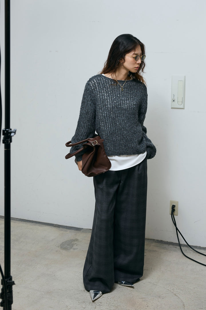 [予約/SET]レイヤードネットニットセット+ベルト付きチェックタックワイドパンツ(2set)