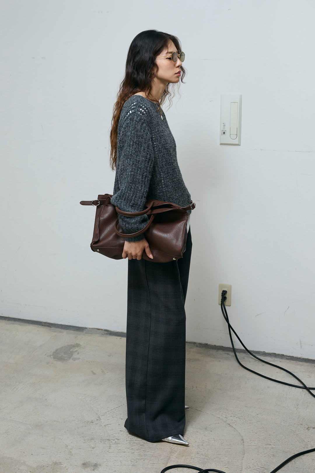 [予約/SET]レイヤードネットニットセット+ベルト付きチェックタックワイドパンツ(2set)