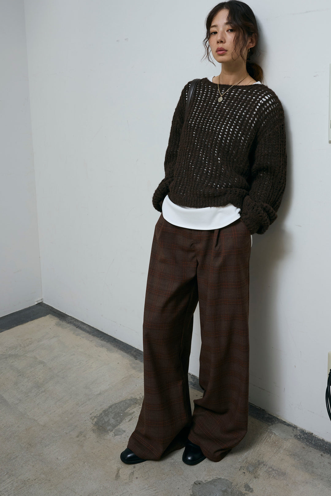 [予約/SET]レイヤードネットニットセット+ベルト付きチェックタックワイドパンツ(2set)
