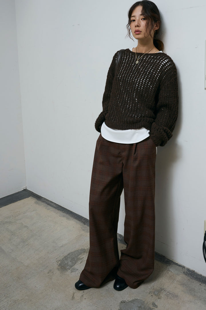 [予約/SET]レイヤードネットニットセット+ベルト付きチェックタックワイドパンツ(2set)