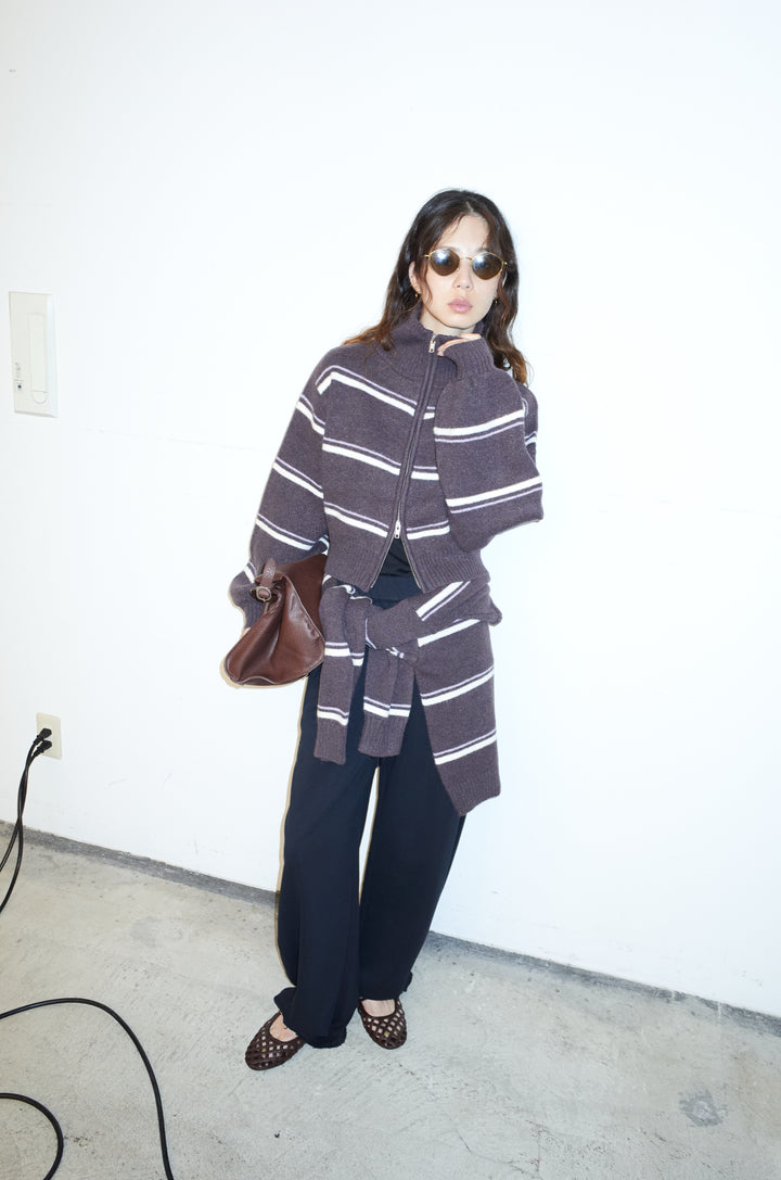 [予約/SET]スタンドカラーボーダージップニット+ボーダーニットPO+カーブスウェットパンツ(3set)