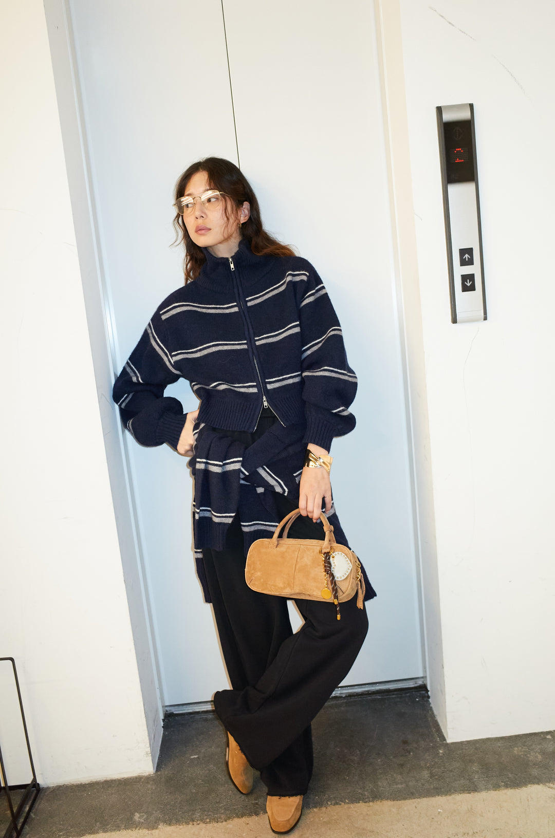 [予約/SET]スタンドカラーボーダージップニット+カーブスウェットパンツ(2set)